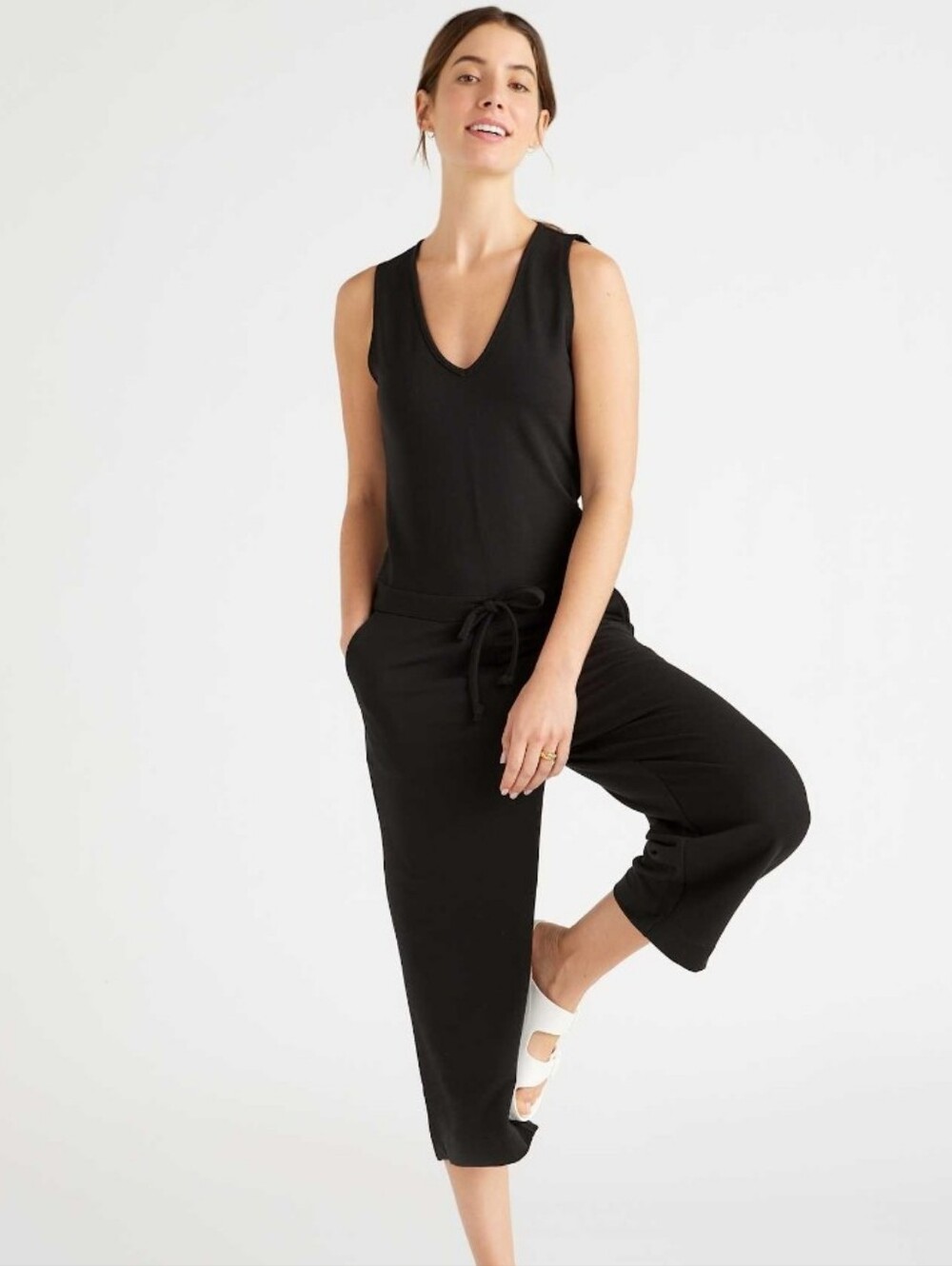 Quince French Terry Modal Jumpsuit Black V-Neck Wide Leg Sleeveless Large